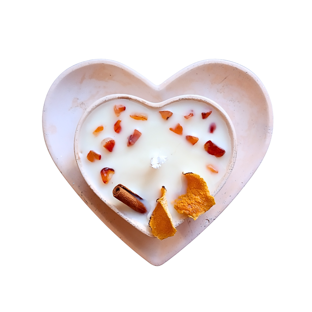 Conjunto Vela Corações com Óleo Essencial de Laranja e Cornalina