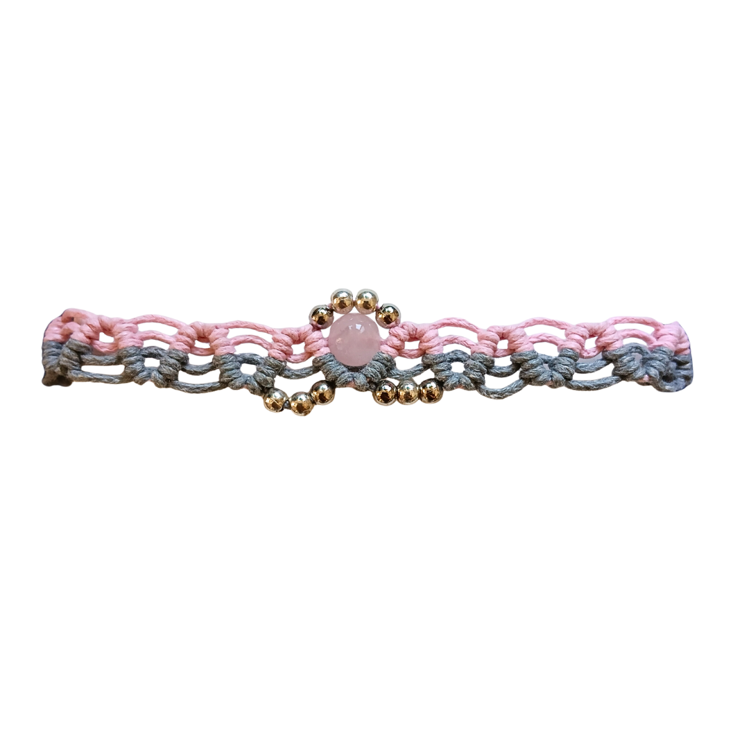 Pulseira Cinza e Rosa com Quartzo Rosa