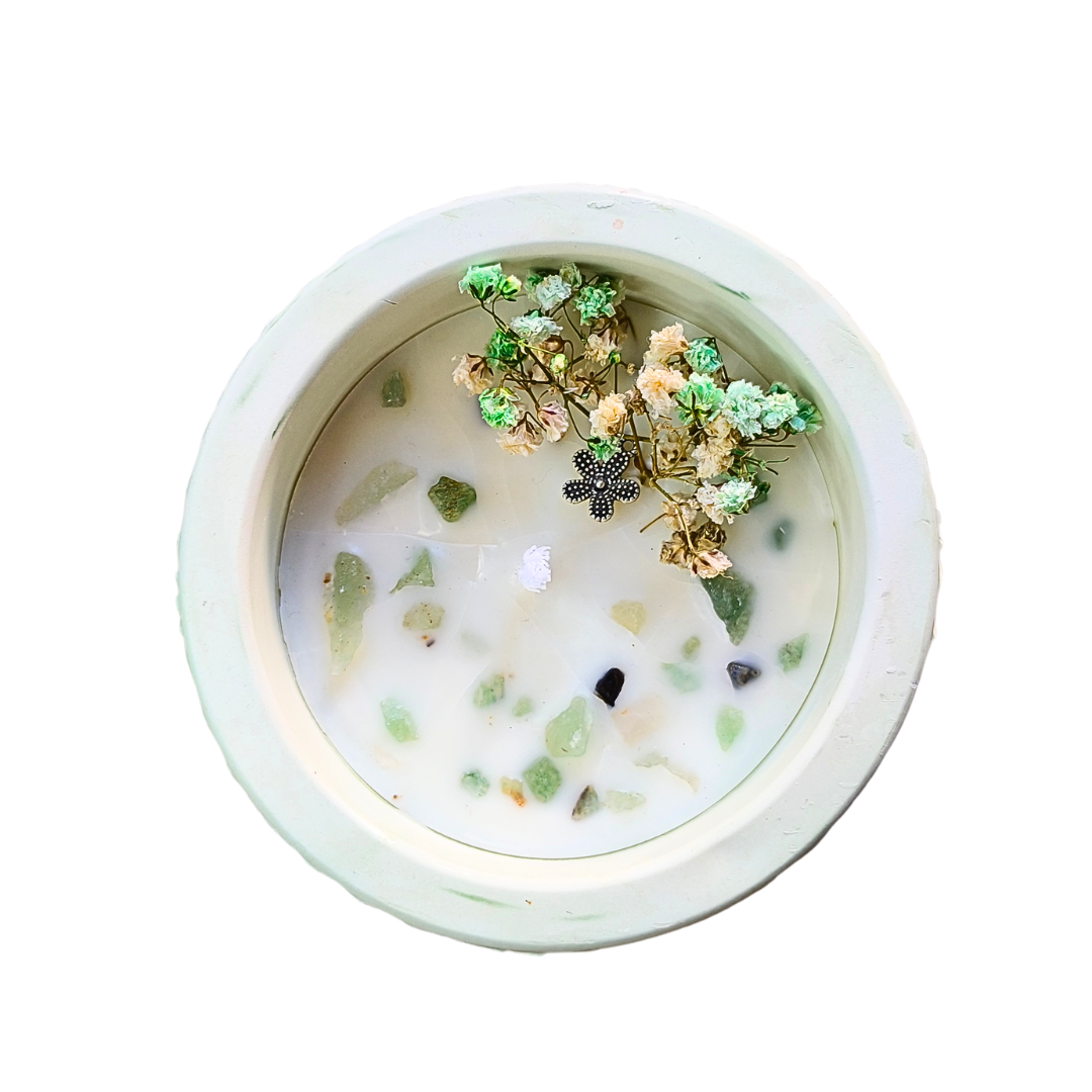 Vela Pote Grande com Óleo Essencial de Hortelã Pimenta e Aventurina Verde