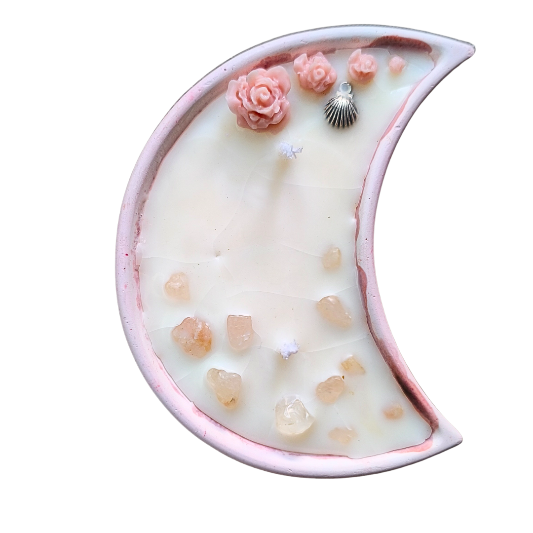 Vela Lua com Óleo Essencial de Palmarosa e Quartzo Rosa