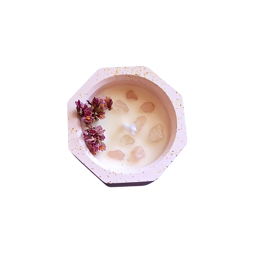 Vela Copo com Óleo Essencial de Canela e Quartzo Rosa