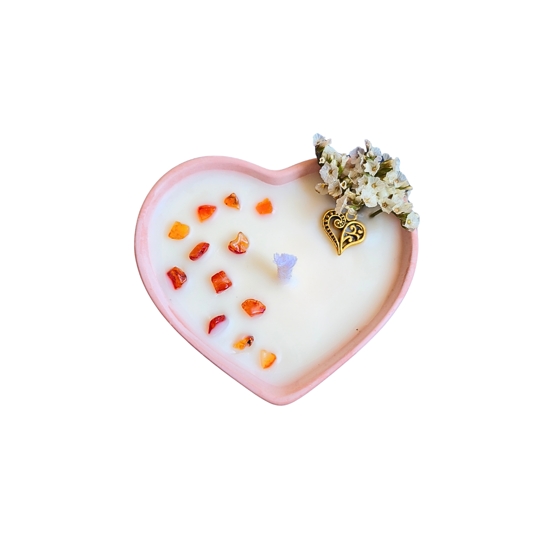 Conjunto Vela Corações com Óleo Essencial de Laranja e Cornalina