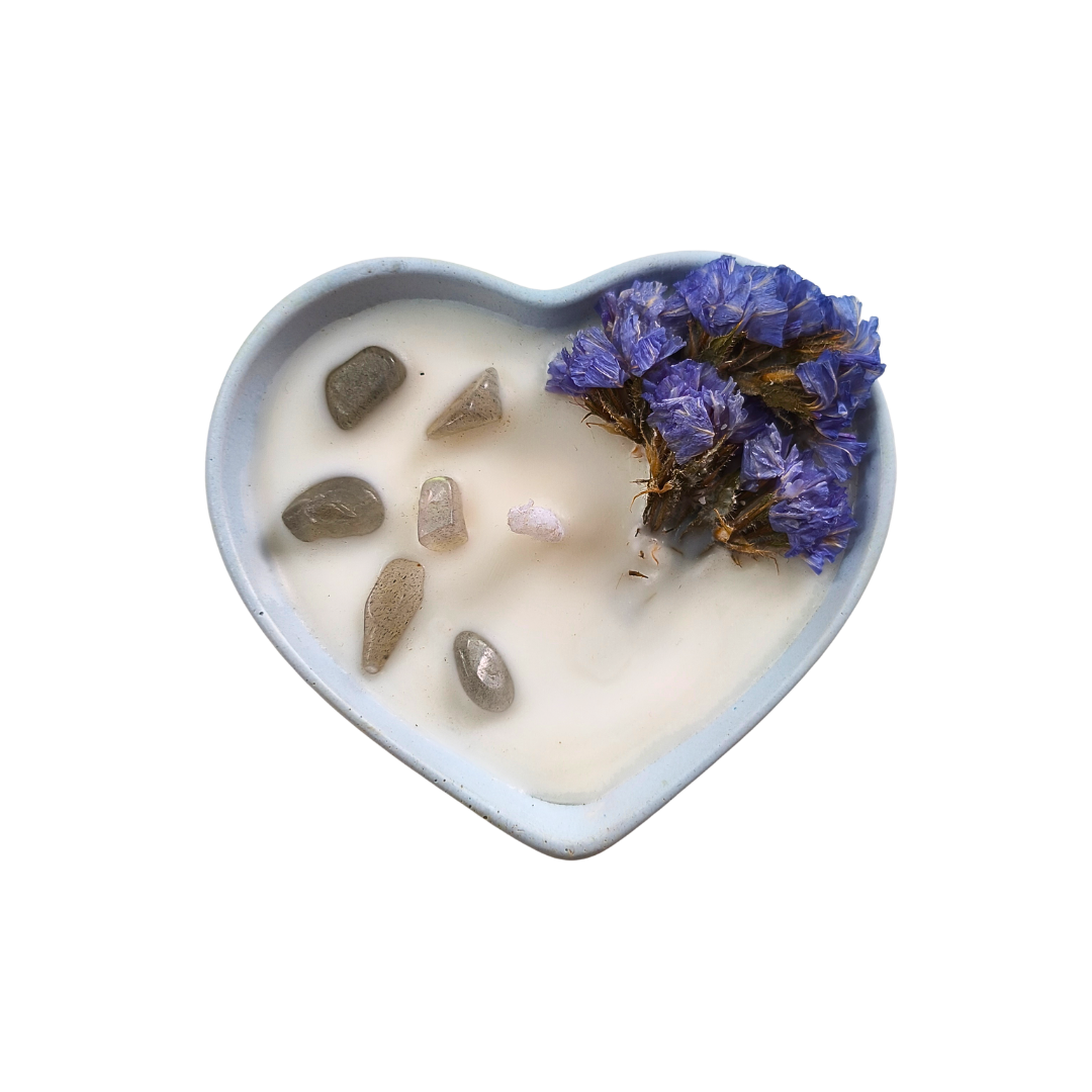 Conjunto Vela Corações com Óleo Essencial de Lavanda e Labradorite
