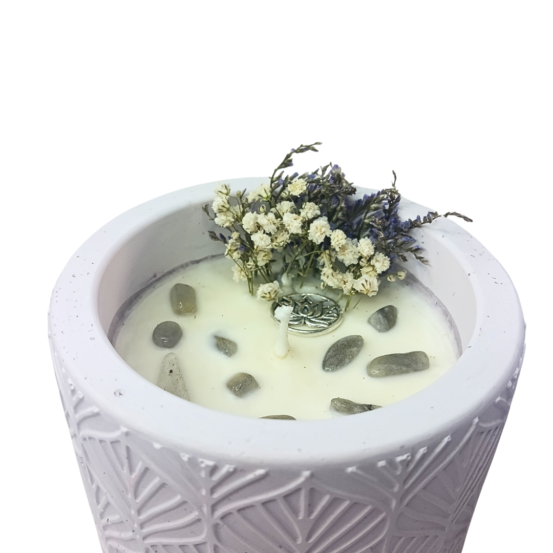 Vela Pinho em base Pote Grande com Cristais Labradorite