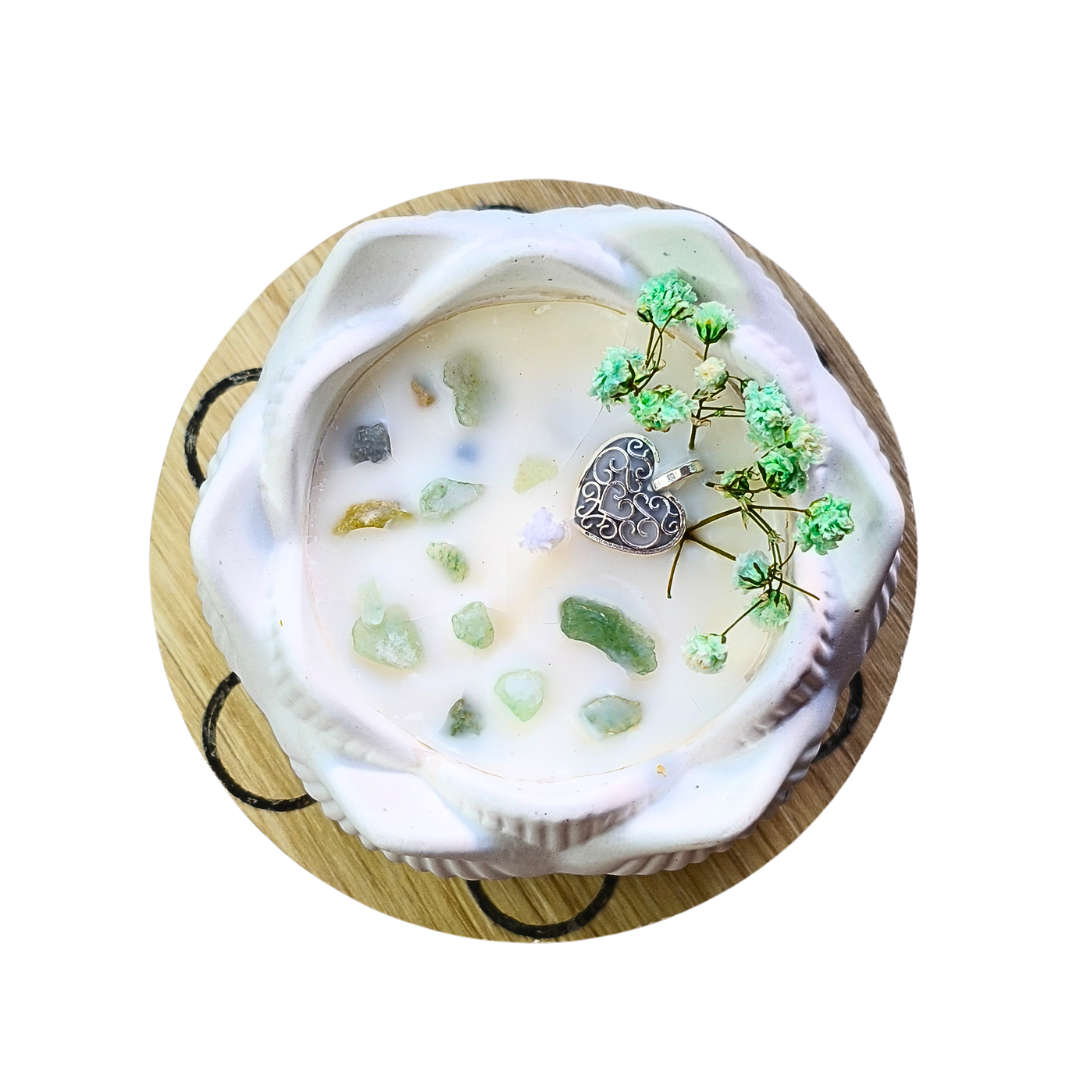 Vela Flor de Lótus com Óleo Essencial de Alecrim e Aventurina Verde