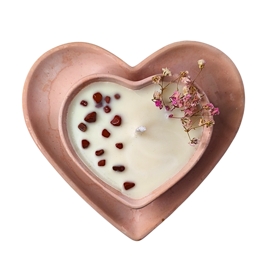 Conjunto Vela Madeira de Cedro em base Coração com Jaspe Vermelho