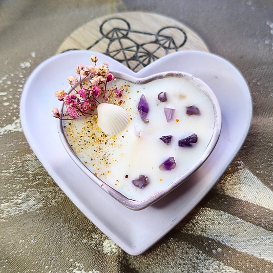 Conjunto Vela Corações com Óleo Essencial de Lavanda e Ametista