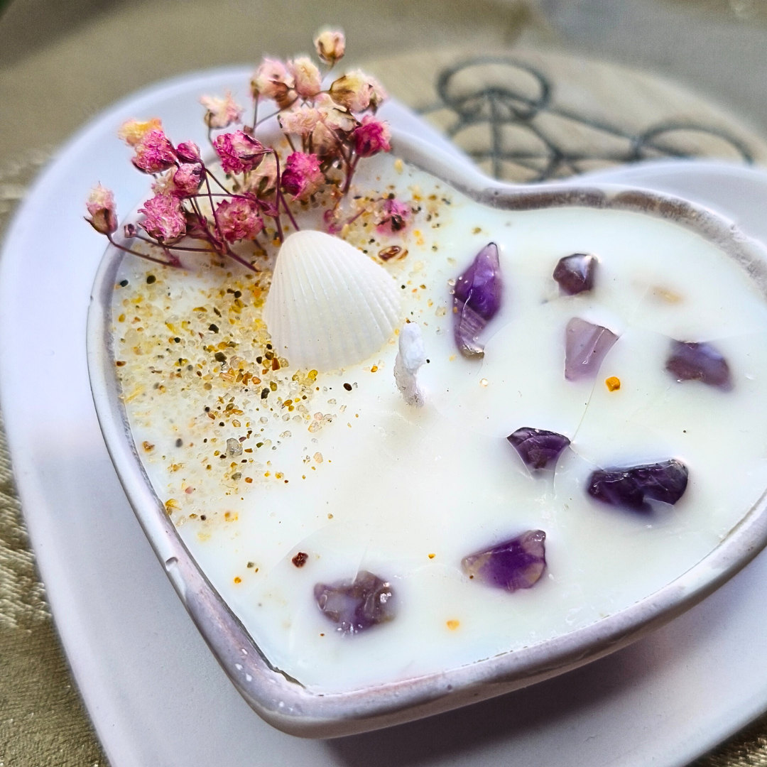 Conjunto Vela Corações com Óleo Essencial de Lavanda e Ametista
