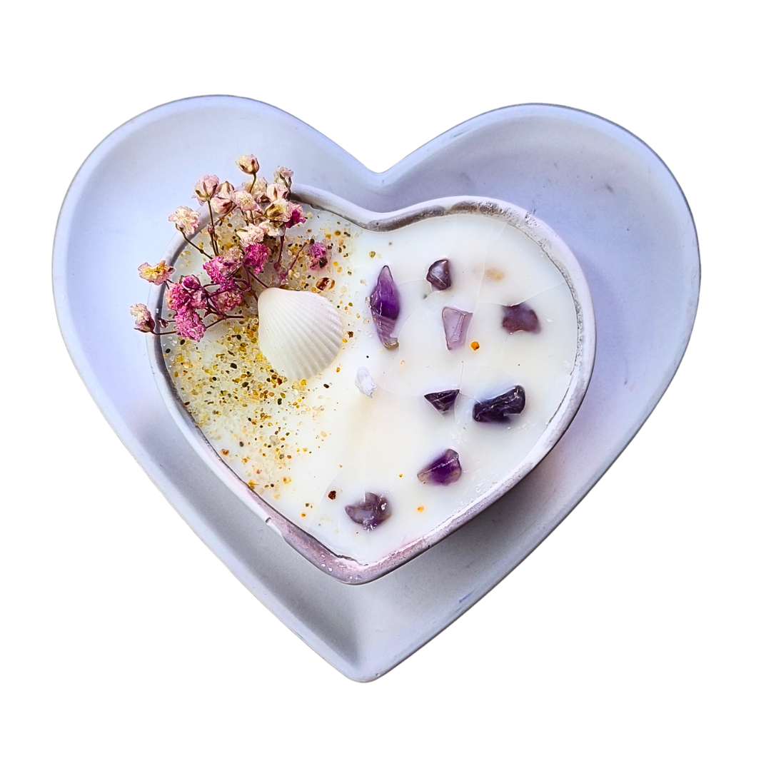 Conjunto Vela Corações com Óleo Essencial de Lavanda e Ametista
