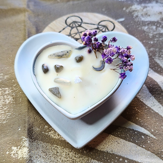 Conjunto Vela Corações com Óleo Essencial de Eucalipto e Labradorite