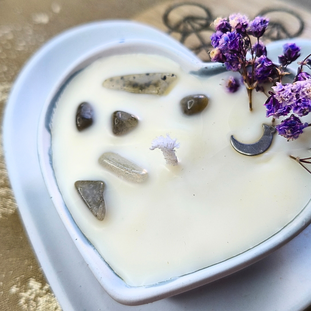 Conjunto Vela Corações com Óleo Essencial de Eucalipto e Labradorite