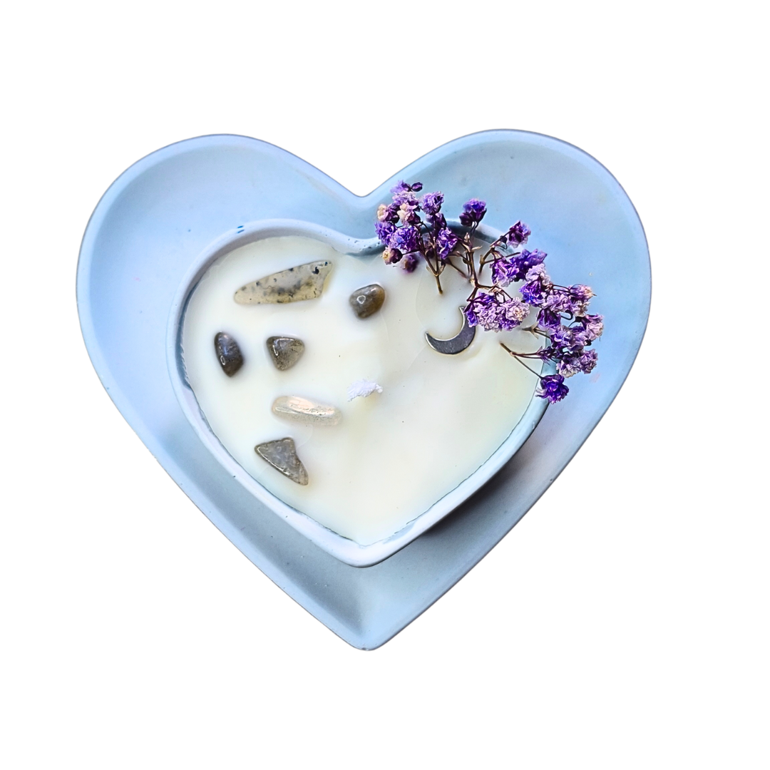 Conjunto Vela Corações com Óleo Essencial de Eucalipto e Labradorite