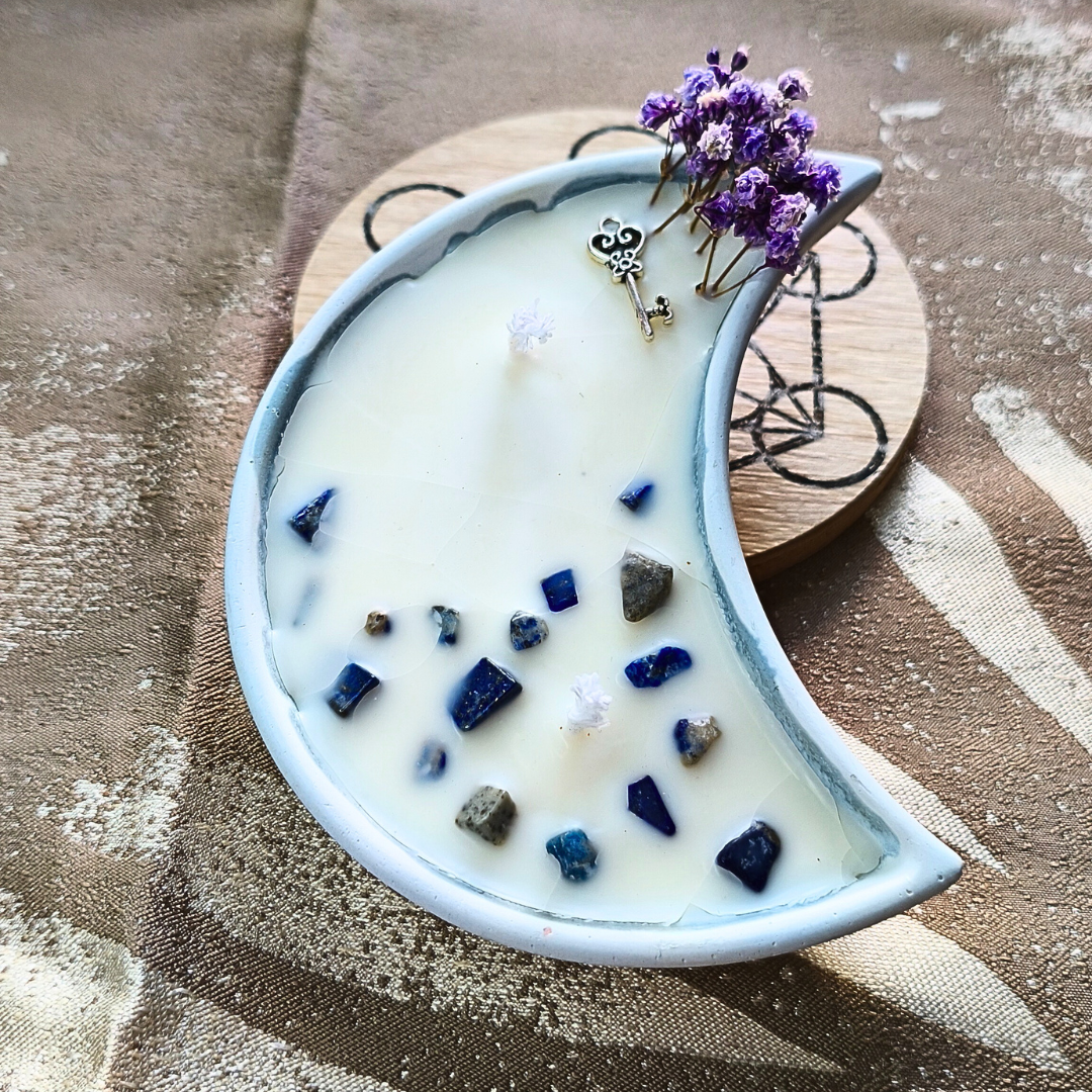 Vela Lua com Óleo Essencial de Eucalipto e Lápis Lazúli