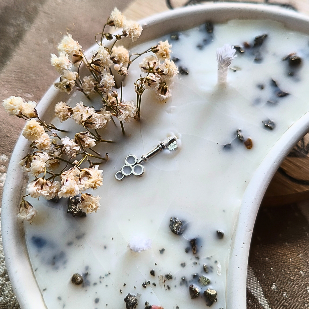 Vela Lua com Óleo Essencial de Hortelã Pimenta e Pirite