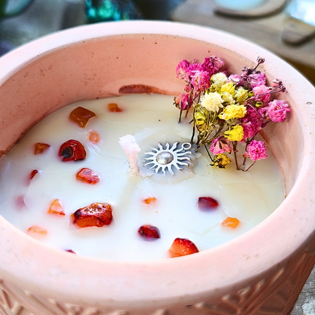 Vela Pote Grande com Óleo Essencial de Laranja e Cornalina