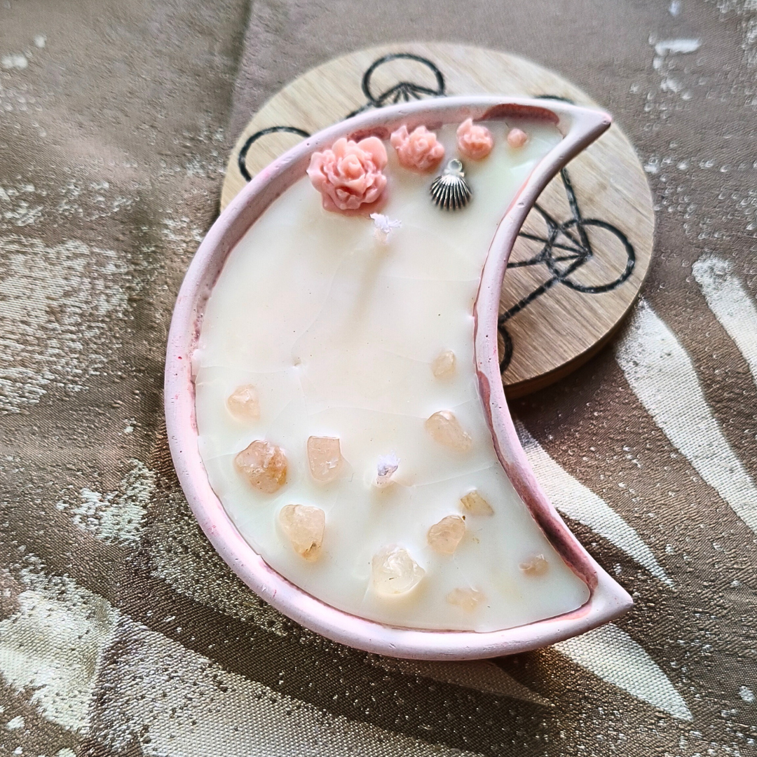 Vela Lua com Óleo Essencial de Palmarosa e Quartzo Rosa