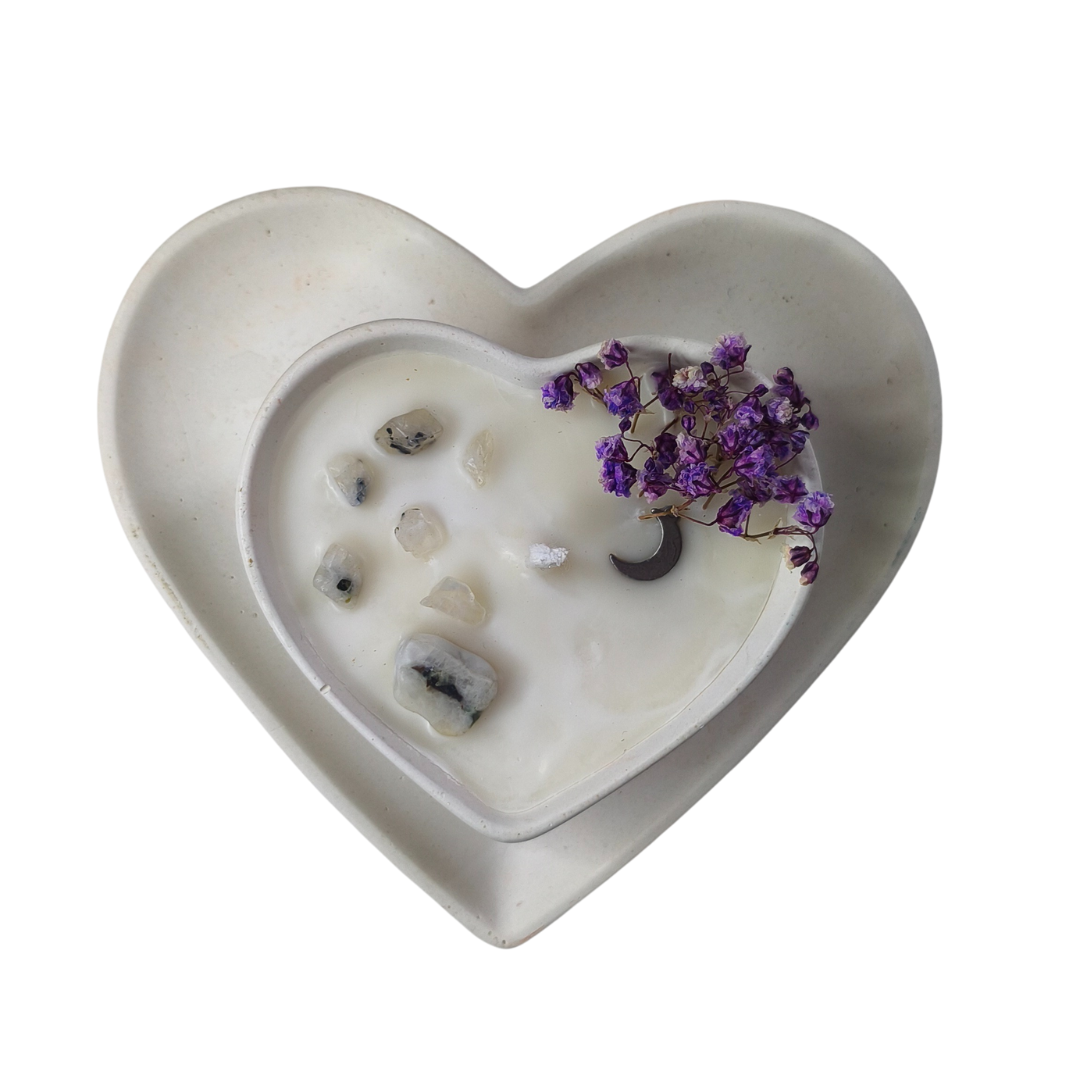 Conjunto Vela Gengibre e Eucalipto em base Coração com Pedra da Lua