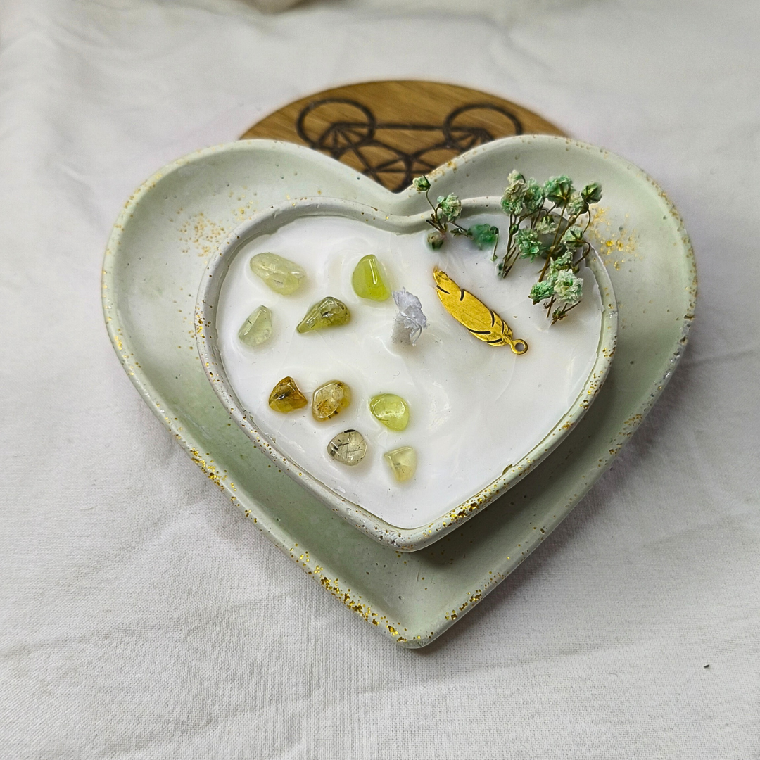 Conjunto Vela Corações com Óleo Essencial de Alecrim e Prehnite