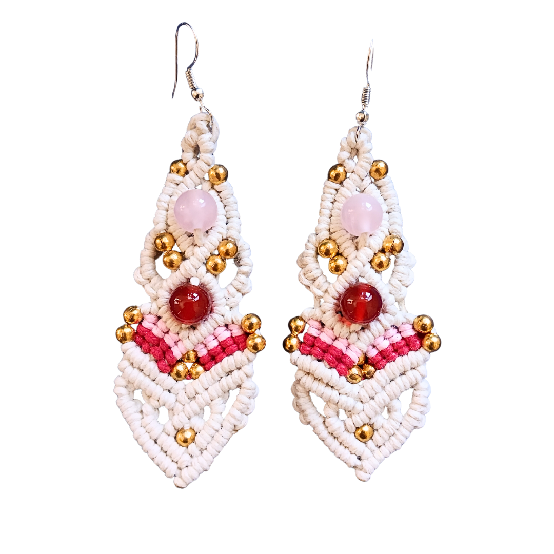 Brincos Bege com Quartzo Rosa e Cornalina