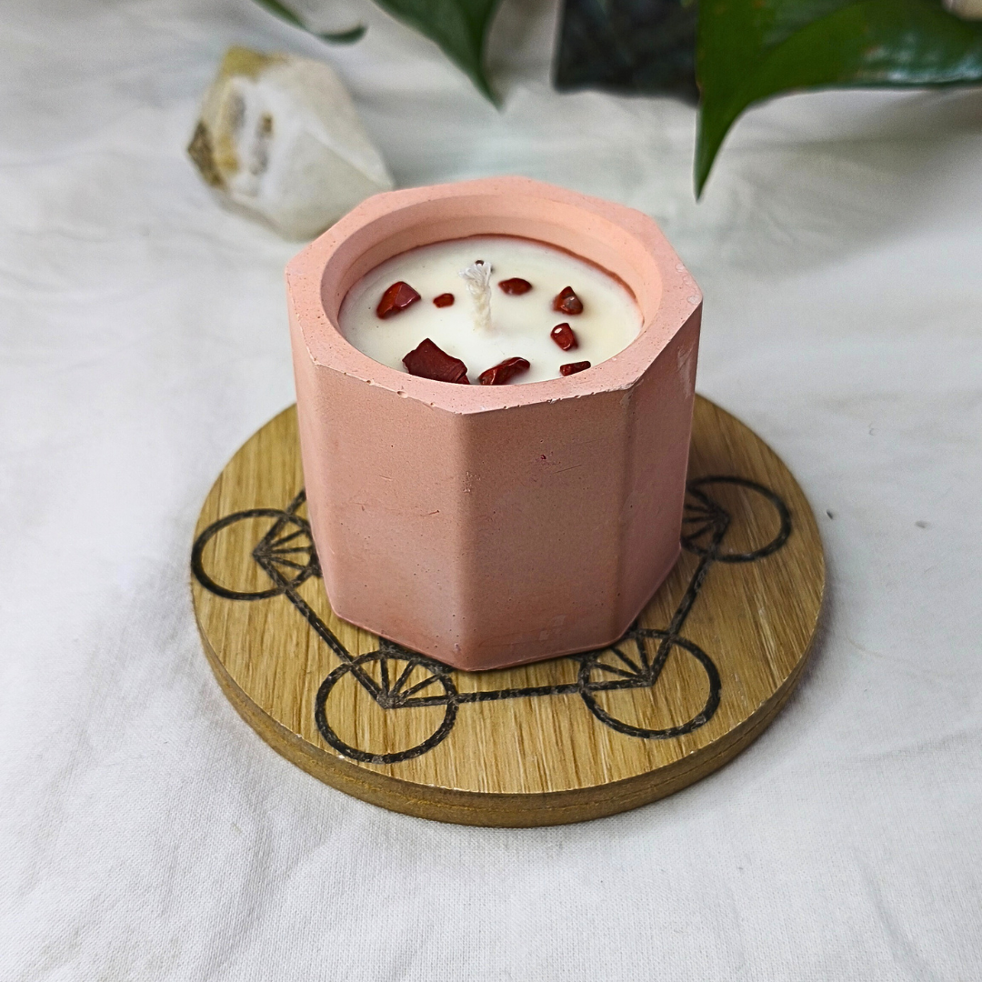 Vela Flor de Laranjeira em base Copo com Jaspe Vermelho