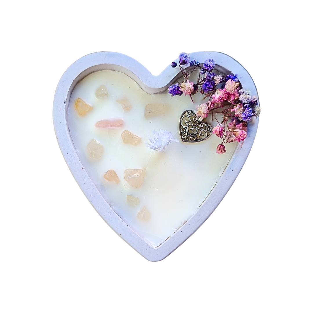 Vela Caixa Coração com Óleo Essencial de Lavanda e Quartzo Rosa