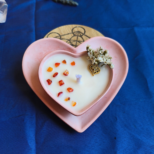 Conjunto Vela Corações com Óleo Essencial de Laranja e Cornalina