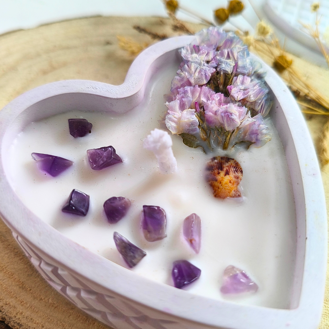 Vela Caixa Coração com Óleo Essencial de Lavanda e Ametista