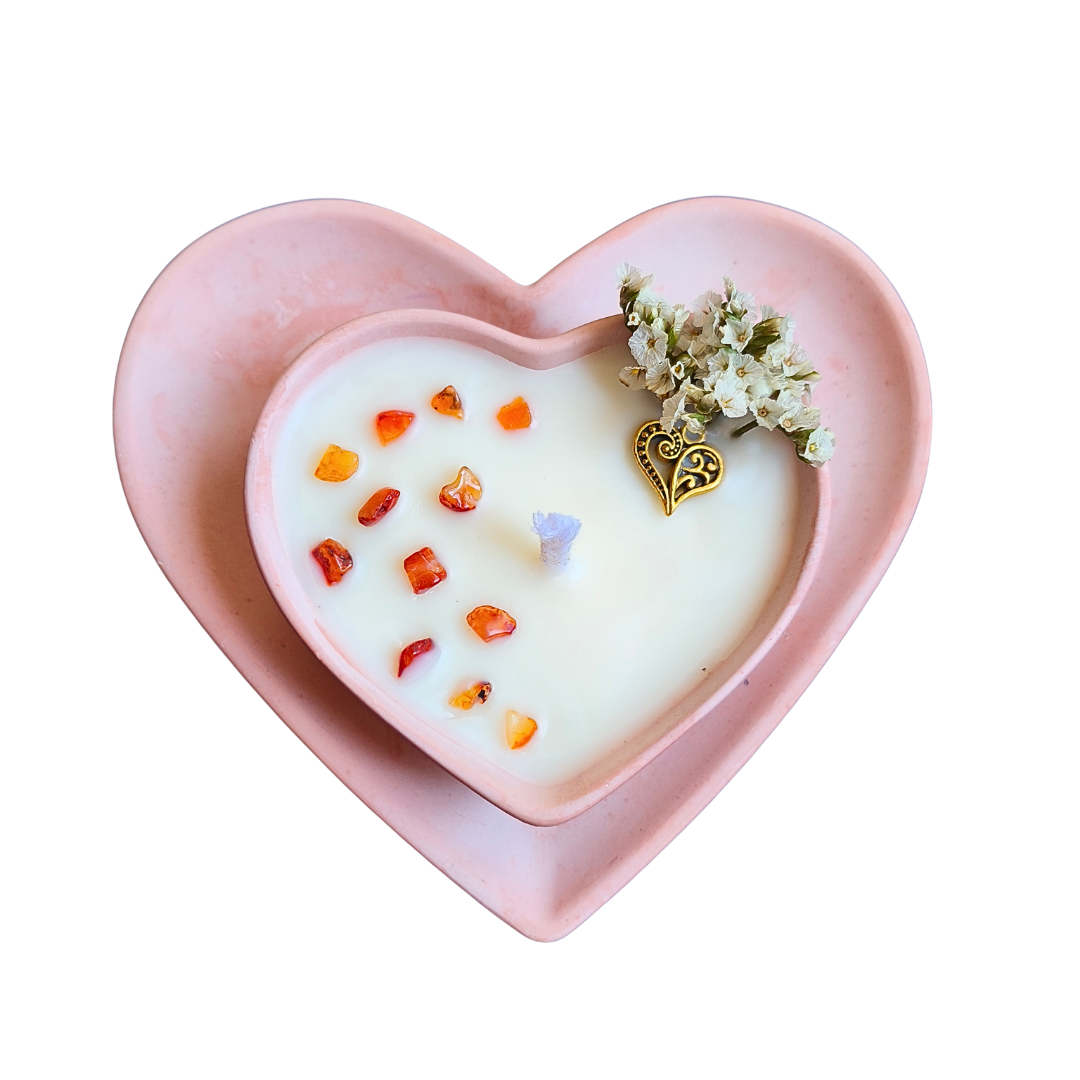 Conjunto Vela Corações com Óleo Essencial de Laranja e Cornalina