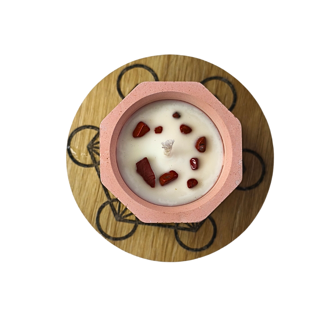 Vela Flor de Laranjeira em base Copo com Jaspe Vermelho