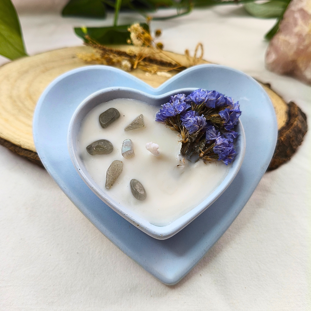 Conjunto Vela Corações com Óleo Essencial de Lavanda e Labradorite