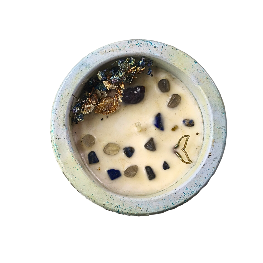 Vela Lavanda em base Pote Grande com Cristais Lápis Lazúli e Labradorite